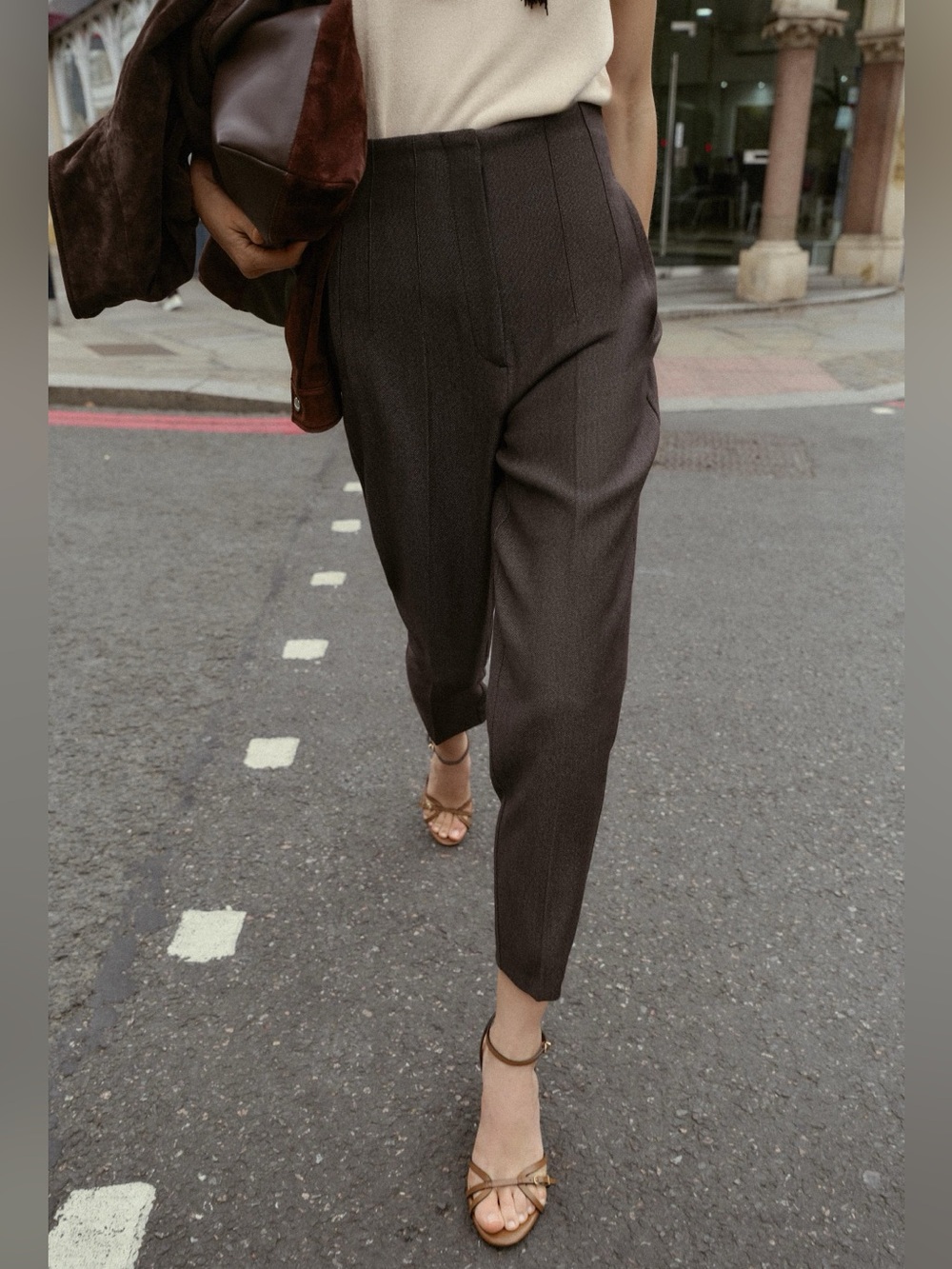 Zara High-Waist Tapered Women's Pants in Dark Brown - Picture 7 of 17